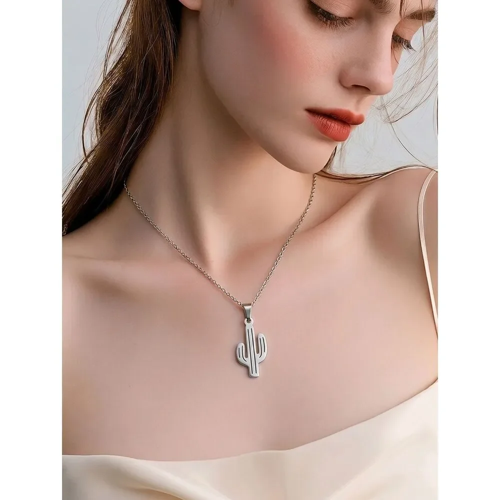 Cactus Stainless Steel Necklace Silver Saguaro Cacti Charm Pendant Western